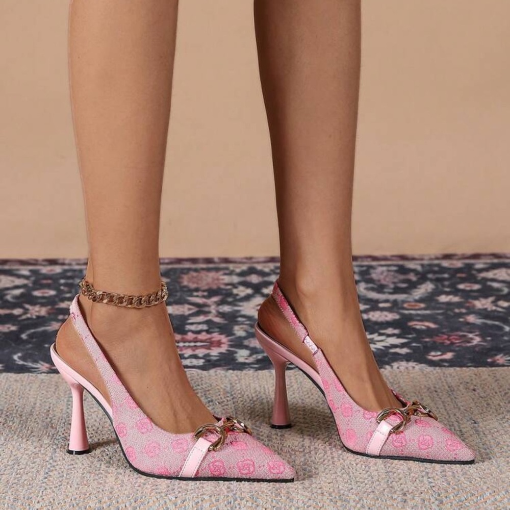 Rebellious Rose Pink Patterned Pointed-Toe Slingback Heels - Picture 4 of 4